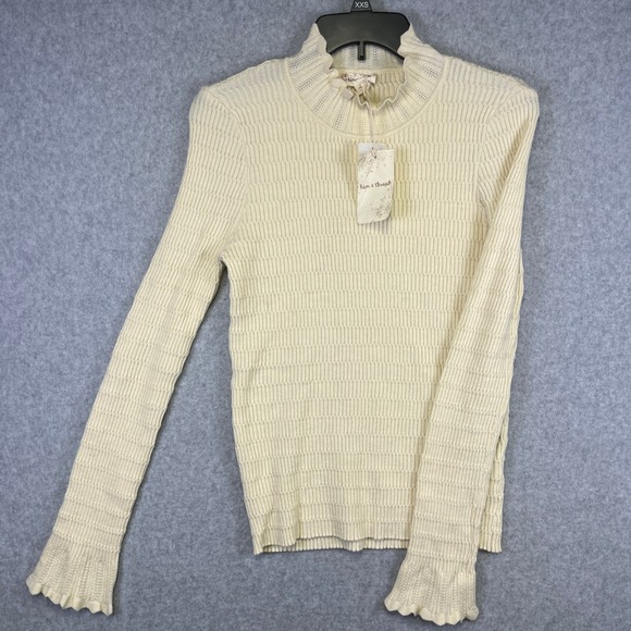 Hem & Thread Top Women's L Ivory Turtleneck Ruffle Cuffs Knit Long Sleeve‎ NWT - Picture 1 of 13